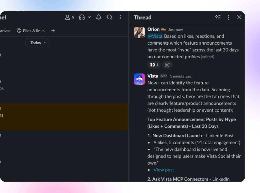 A Slack conversation thread where Ask Vista ranks top feature announcement posts based on total engagement hype metrics.