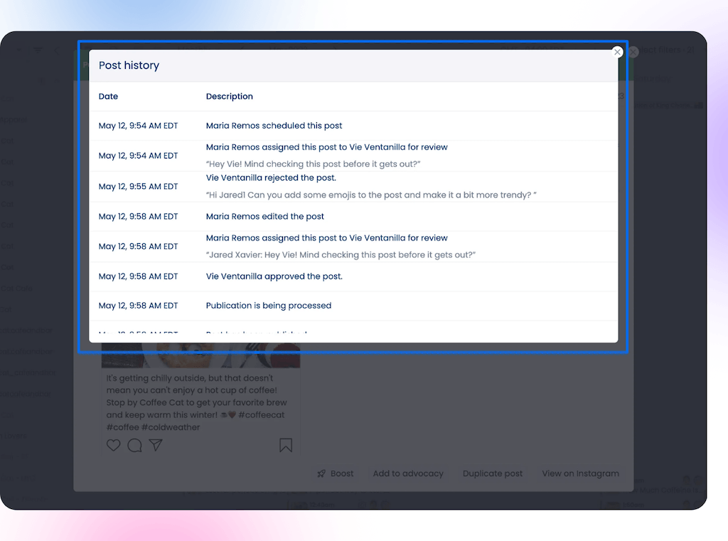 The Post history audit modal window in Vista Social detailing chronological scheduling, review, rejection, and final approval logs.