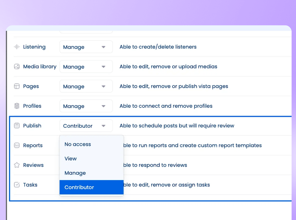 The granular role permissions settings interface in Vista Social configuring publishing access levels for team contributors.